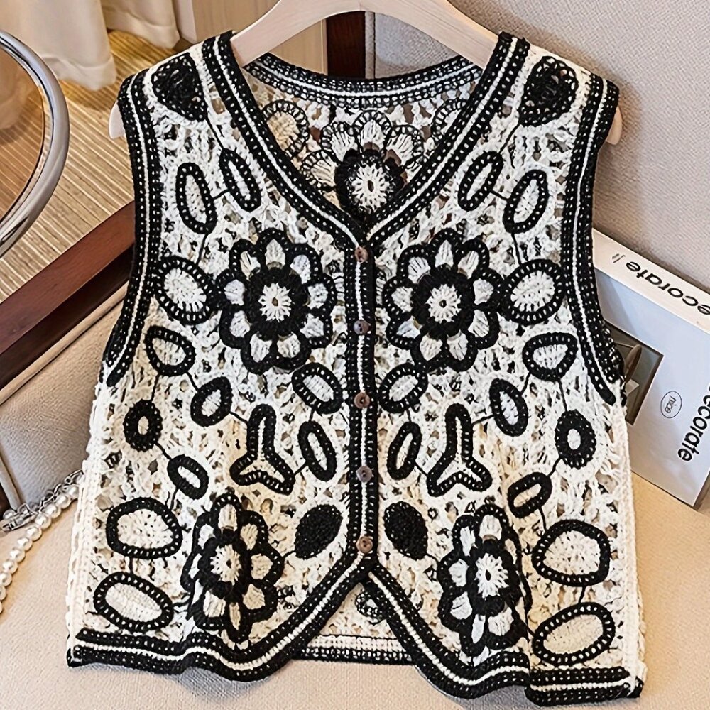 Unbranded Bohemian Ethnic Embroidered Crochet‎ Vest - Sleeveless Black NEW OS